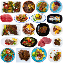 Various dishes of beef with vegetables