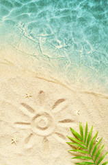 Fototapeta na wymiar Tropical background. Palm tree branche with starfish on sandy background and sea. Travel.