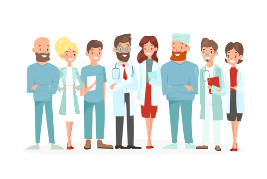 Vector illustration of doctors team. Happy and smile medical workers isolated on a white background. Hospital staff in uniform in cartoon flat style.