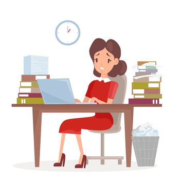 Vector illustration of tired and sed business woman or an accountant in a suit, working on a laptop computer at her office desk with lot of papers and work. Woman worker, deadline, lot of work, oficce
