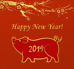 Fototapeta na wymiar Vector illustration of greeting card chinese new year 2019 gold color line pig zodiac symbol and flowers on red background.