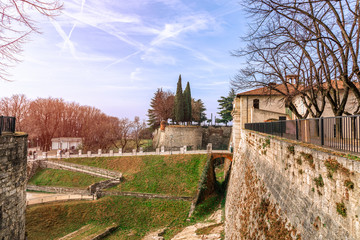 Entrance to the medieval castle of Brescia, Lombardy, Italy