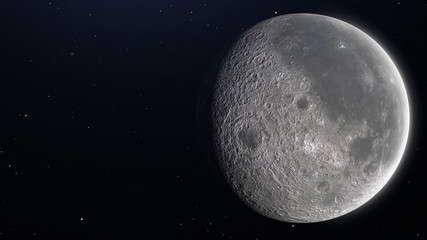 The moon view. Earth's natural satellite surface. 3d render with place for text
