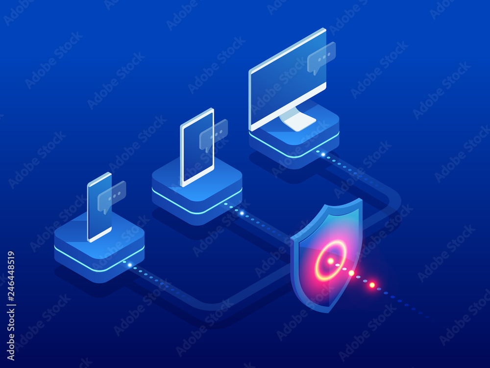 Poster isometric protection network security and safe your data concept. web page design templates cybersec