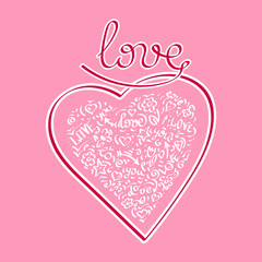 Beautiful Heart. Love - text. Doodle hand drawing. Vector illustration