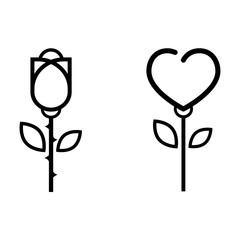 cartoon heart flower and flower rose vector set outline