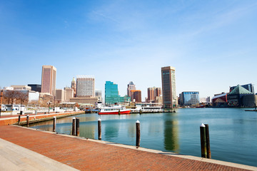 Baltimore Inner Harbor marina and skyscrapers, USA