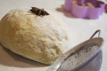 The pastry for cookies on the table, close up.