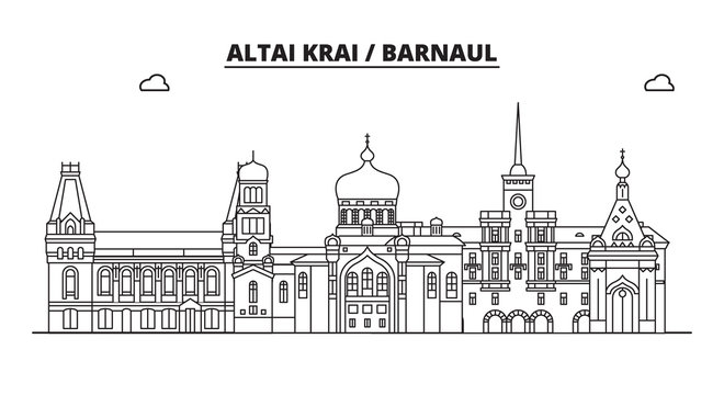 Russia, Altai Krai, Barnaul. City skyline: architecture, buildings, streets, silhouette, landscape, panorama, landmarks. Editable strokes. Flat design, line vector illustration concept. Isolated icons