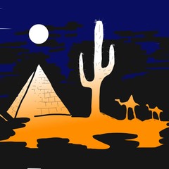 Background, tracks pyramid, camels and cactus