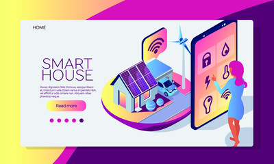 Fototapeta premium Web page design template. Isometric flat set. Smart house concept. Smart home mobile app. Illustration to web page, banner. Eco friendly house and car. Woman with smart phone