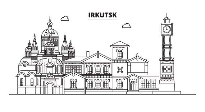 Russia, Irkutsk. City skyline: architecture, buildings, streets, silhouette, landscape, panorama, landmarks. Editable strokes. Flat design, line vector illustration concept. Isolated icons
