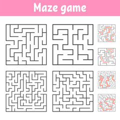 A set of square mazes of various levels of difficulty. Puzzle for children. One entrances, one exit. Labyrinth conundrum. Flat vector illustration isolated on white background. With answer.