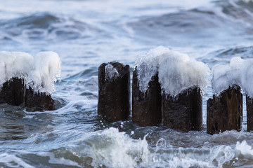 Row of frozen wooden posts in the water in winter. 