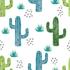 Cotton fabric Watercolor cactus seamless pattern. Vector background with green and blue cactus isolated on white.