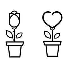 cartoon heart flower and flower rose vector set outline in a pot