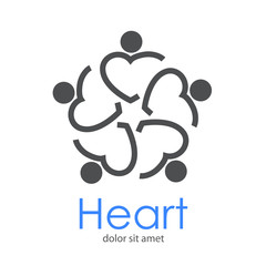 Logotipo abstracto con texto Heart con 5 corazones lineales como hombres abrazados en color gris