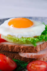 Sandwich with egg, ham, cheese, toast and salad leaves lies on a plate with tomato and dill