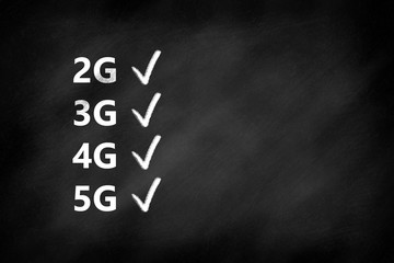 Obraz premium 2G, 3G, 4G, 5G mobile communication technologies and checkmarks on a blackboard