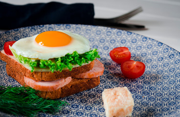 Sandwich with egg, ham, cheese, toast and salad leaves lies on a plate with tomato and dill