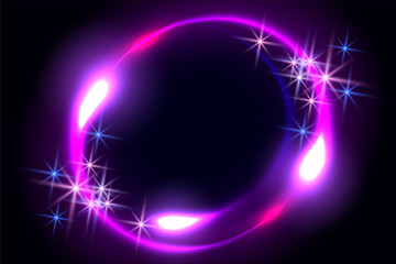 Fantastic background with neon round frame, sparkle stars and space portal into another dimension