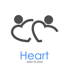 Logotipo abstracto con texto Heart con 2 corazones lineales como hombres abrazados en color gris