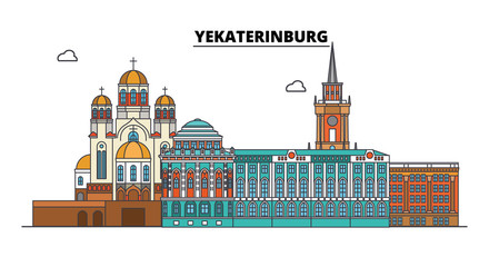 Obraz na płótnie Canvas Russia, Yekaterinburg. City skyline: architecture, buildings, streets, silhouette, landscape, panorama. Flat line vector illustration. Russia, Yekaterinburg outline design.