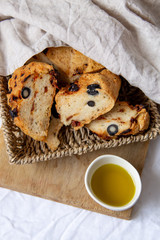 gluten free bread with olives, dried tomatoes and vegetarian mozzarella cheese