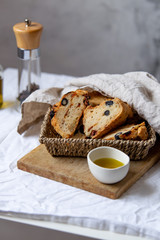 gluten free bread with olives, dried tomatoes and vegetarian mozzarella cheese
