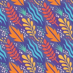 Fototapeta na wymiar Leaves of exotic plants - creative vector illustration. Floral seamless pattern. Abstract concept background. Tropical summer nature. Graphic design element. Vintage art style. Collage contemporary. 
