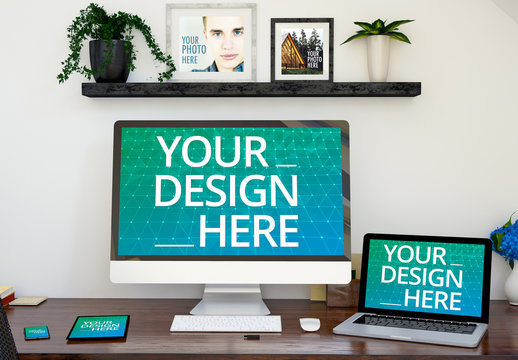Multiple Devices and Photo Frames on a Desk Mockup