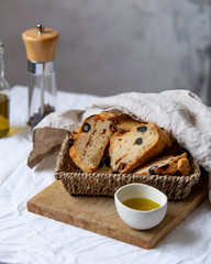 gluten free bread with olives, dried tomatoes and vegetarian mozzarella cheese