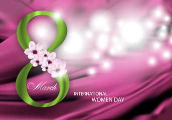 Pink Background for Holiday March 8 International Women's Day with green Digit eight and flowers. Vector