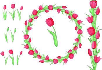Stock vector floral set of seamless flower brush from red tulips and beautiful wreath.  Isolated and hand drawn vector illustration. Floral design, flower backdrop. Festive hand drawn pattern,  spring