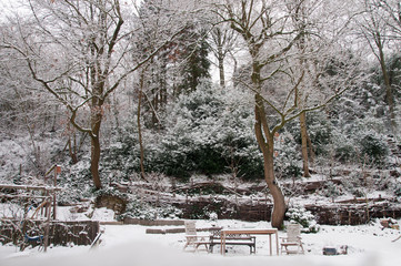 jardin en hiver sous la neige