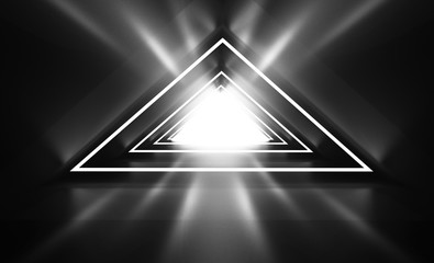 Futuristic background with neon shapes of a triangle, reflection, smoke. Empty tunnel with neon light. 3d illustration