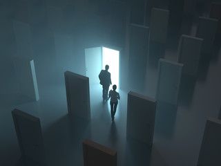 people at the glowing door