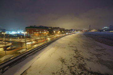 The long exposeure image of the Moscow roads and Moskva river