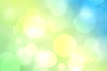 Abstract bright spring or summer landscape texture with natural green bokeh lights and blue bright sunny sky. Autumn or summer background with copy space.
