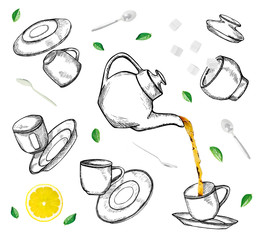 Set of hand drawn flying and falling tea cups, plates and pot icons isolated on white background. Sketched black and white illustration