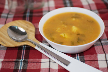 Delicious homemade soup, on checkered tablecloth.