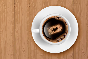 Cup of coffee with battery energy on foam. Realistic vector illustration