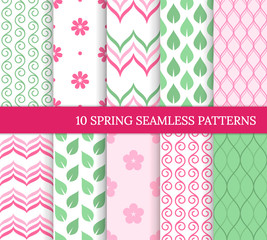 Ten spring seamless patterns. Romantic pink and green backgrounds for wedding or Mother's day. Endless delicate texture for wallpaper, web page, wrapping paper. Retro style. Flower, leaf, curve, swirl