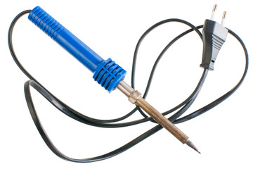 blue soldering iron isolated on white background closeup