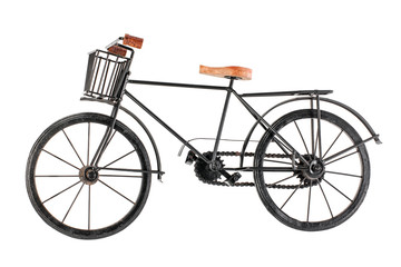 Fototapeta na wymiar black urban toy retro Bicycle with basket isolated on white background