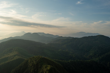 Fog, mountains, sunlight, beautiful mountain tops of the point of view. scenic beauty in the morning. Doi Lorgwador, Mae Moei, Tak in Thailand