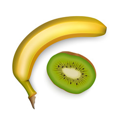 Realistic fruits, banana and kiwi on white background, vector illustration