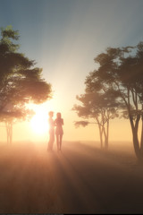 Silhouette of peoplein the fog.3d render