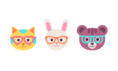Cat hare, bear faces with glasses. Vector. Cute animal head. Cartoon kitten, bunny, bear character set. Sweet silhouette, flat design isolated. Collection icons on white background. Funny illustration