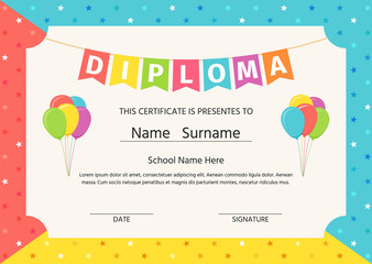Kid diploma, certificate. Vector. Cute preschool, kindergarten, school graduate template. Graduation background. Layout design. Cartoon playful illustration. Winner blank with balloons, stars.